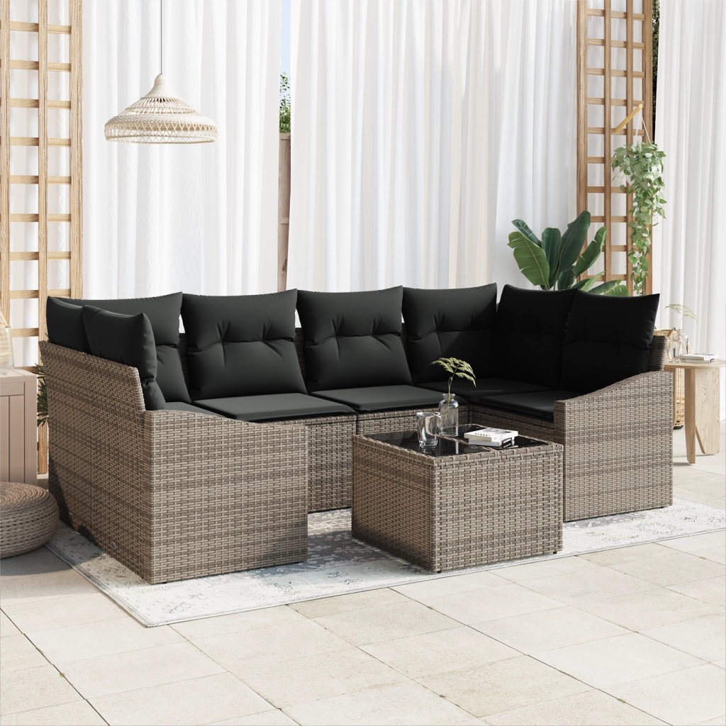 Set da pranzo da giardino a 7 pezzi con cuscini grigio polirattan