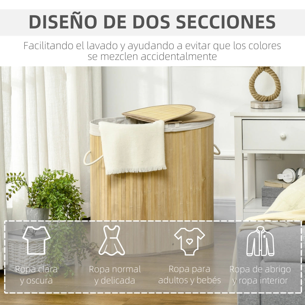 Cesto per Biancheria in Bamb¨´ 100 Litri 2 Scomparti ¨C Minimal ¨C 62.5x37x60.5 cm Naturale