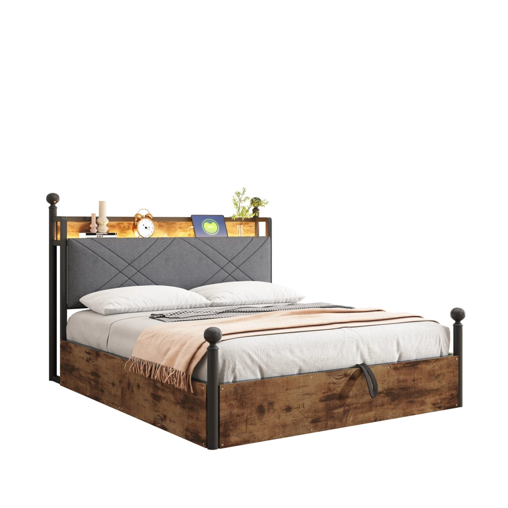 Letto matrimoniale multifunzionale 140x190 cm in metallo nero con baldacchino rimovibile, LED smart, USB/Type-C e contenitore idraulico