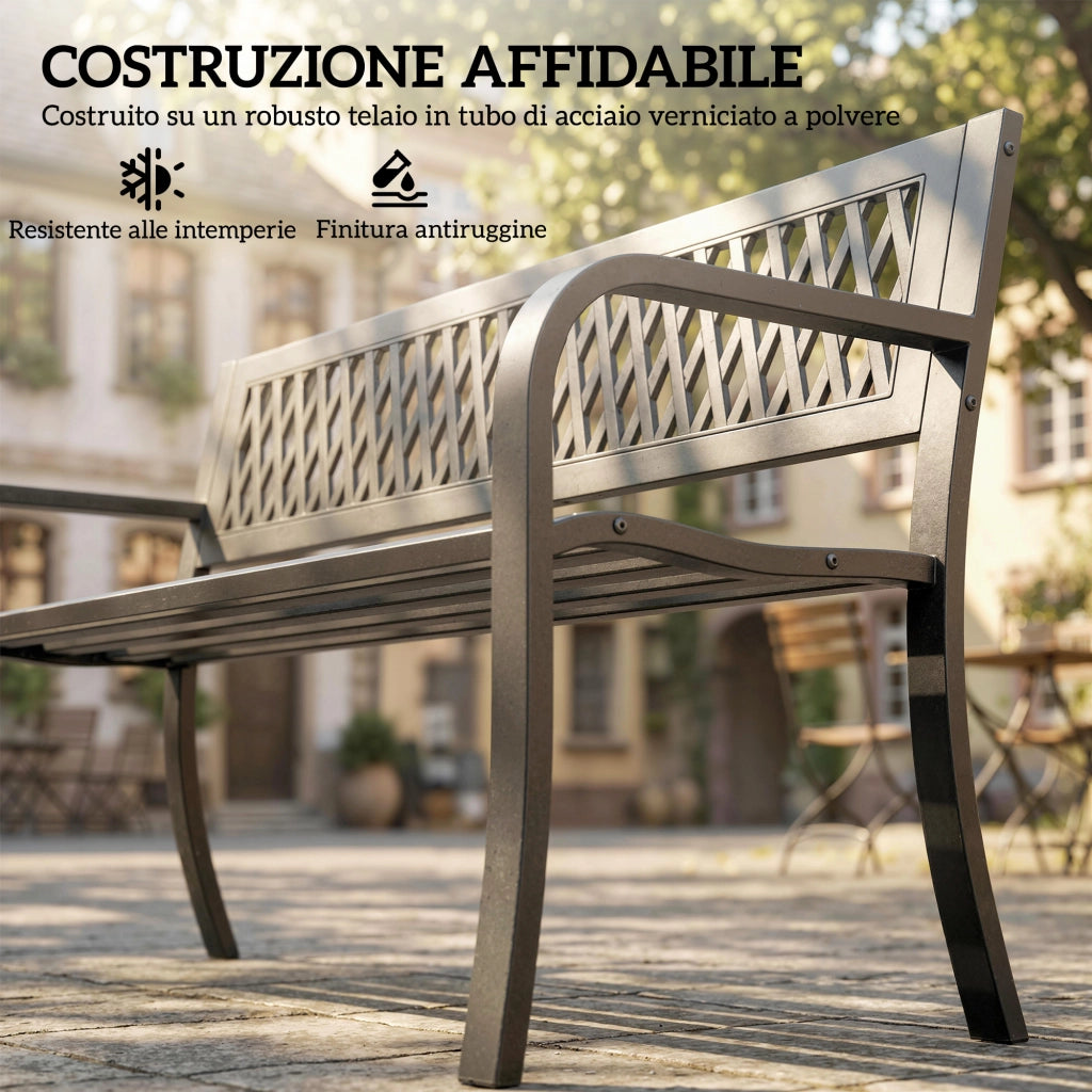 Panchina da Giardino 2 Posti a Doghe con Braccioli, in Metallo, 119x50x75 cm, Nero