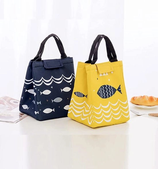 Borsa da pranzo 2 in 1, piccola borsa da pranzo, borsa pieghevole isolata, borsa termica con rivestimento in pellicola, borsa da pranzo per strada, lavoro, scuola e viaggi, trasporto alimenti (blu + giallo)