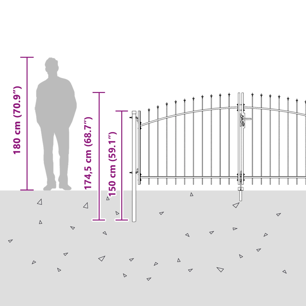 Cancello da Giardino con Punta a Lancia Grigio 125x400 cm Acciaio