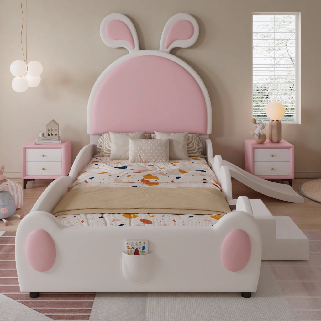 OKWISH Letto Bambino 90×200 cm, Letto Singolo con Scivolo, Scaletta e Tasca Portaoggetti, senza Materasso, in PU, Bianco e Rosa