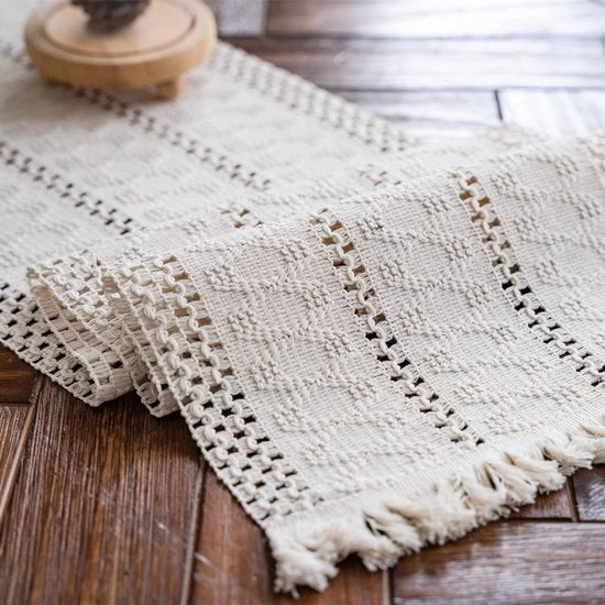 Tavolo da Cucina in Macramè Beige con Pizzo, Reclinato con Tessuto di Cotone, 30x180cm