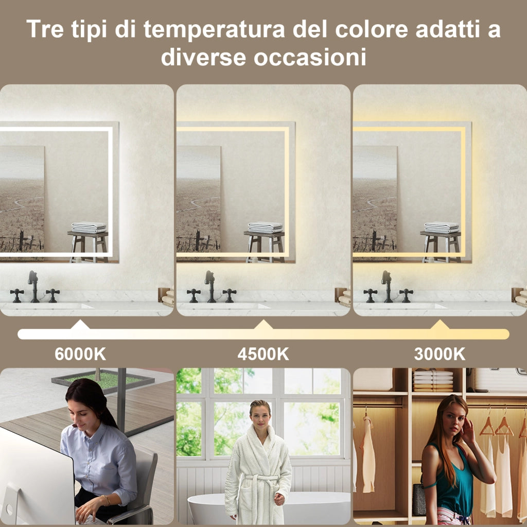 Specchio bagno Rettangolare 100x70cm Retroilluminato Con Led, Antiappannamento + 3 Luci