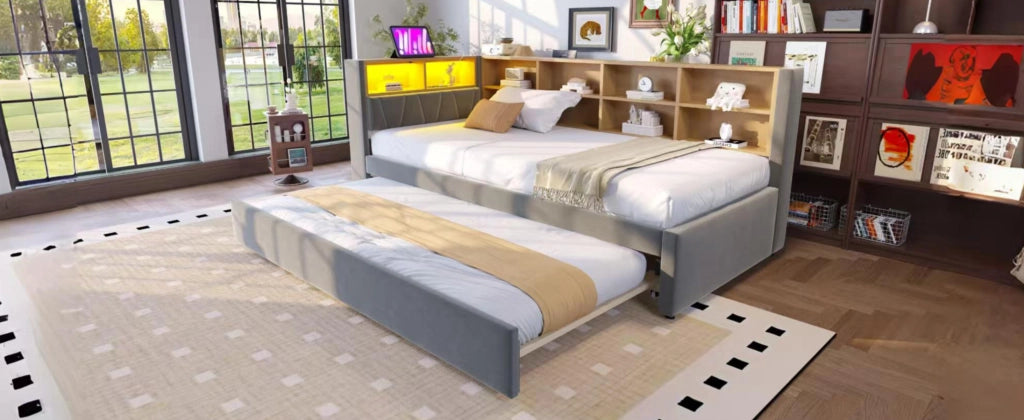 DESMIU Lit gigogne 90 × 200 cm 2 posti con LED, porte USB e Type-C, senza materasso, grigio scuro
