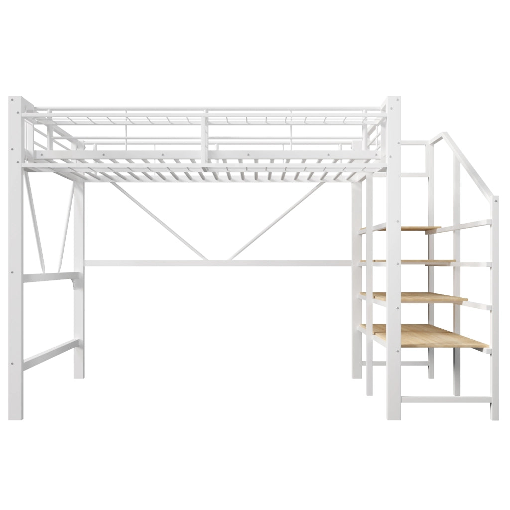 Letto a soppalco 140 x 200 cm, struttura in metallo, ripiano, luce a LED, bianco