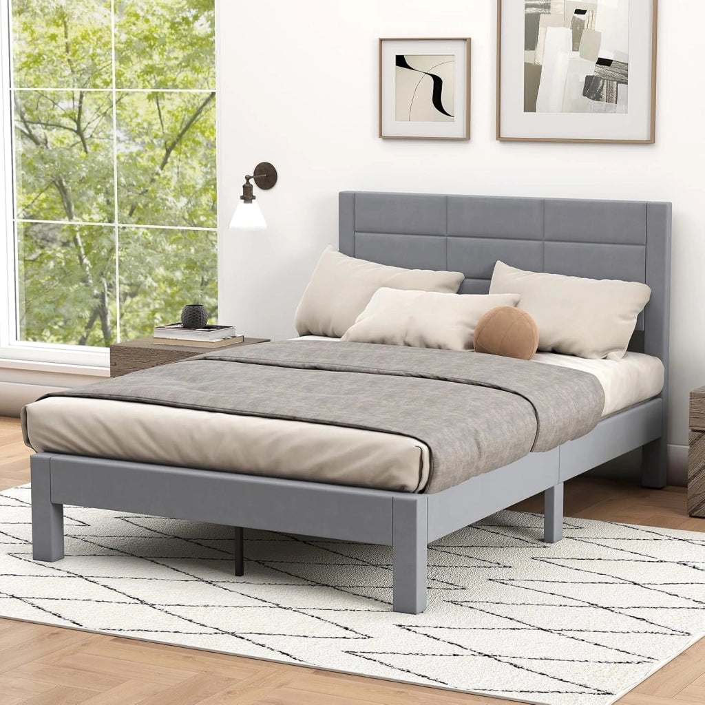Struttura Letto Matrimoniale 211 x 141 cm con Testiera Imbottita, Letto Piattaforma con Doghe in Legno, Spazio di Archiviazione Sotto il Lett, Stile Moderno per Camera, Grigio