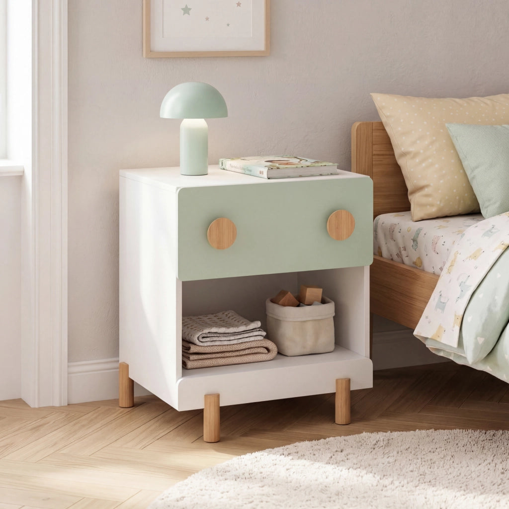 Comodino per Cameretta Vaarentaa con Cassetto e Scomparto Aperto 47x40x35 cm - Bianco/Verde Menta [en.casa]