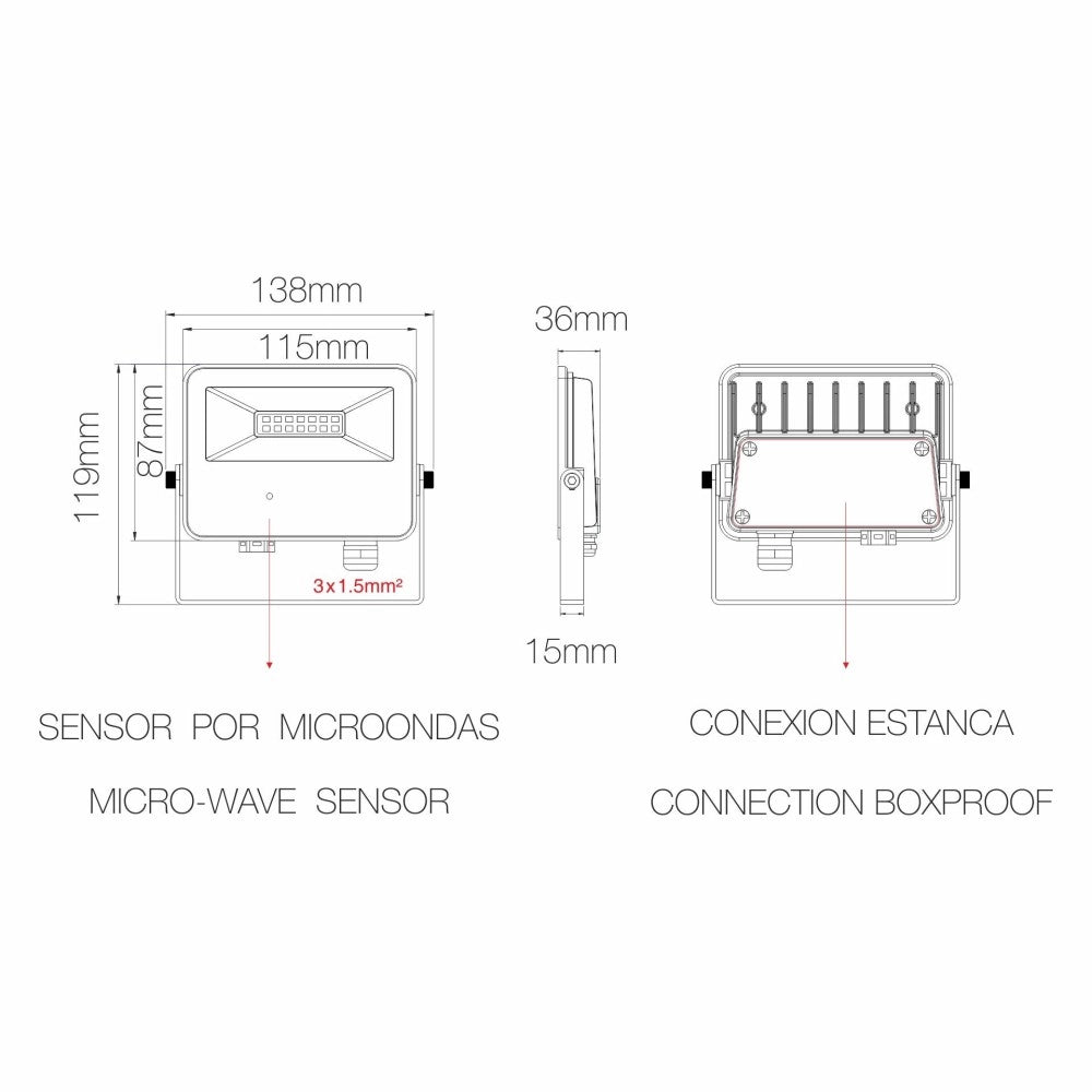Faro a led SKY 10W IP65 con sensore integrato 5000k Nero