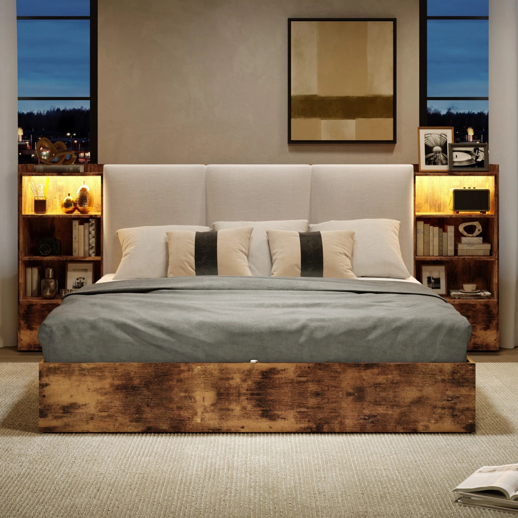 Letto Contenitore 180 x 200 cm - 6 Vani; LED Regolabile e Testiera Imbottita - Marrone