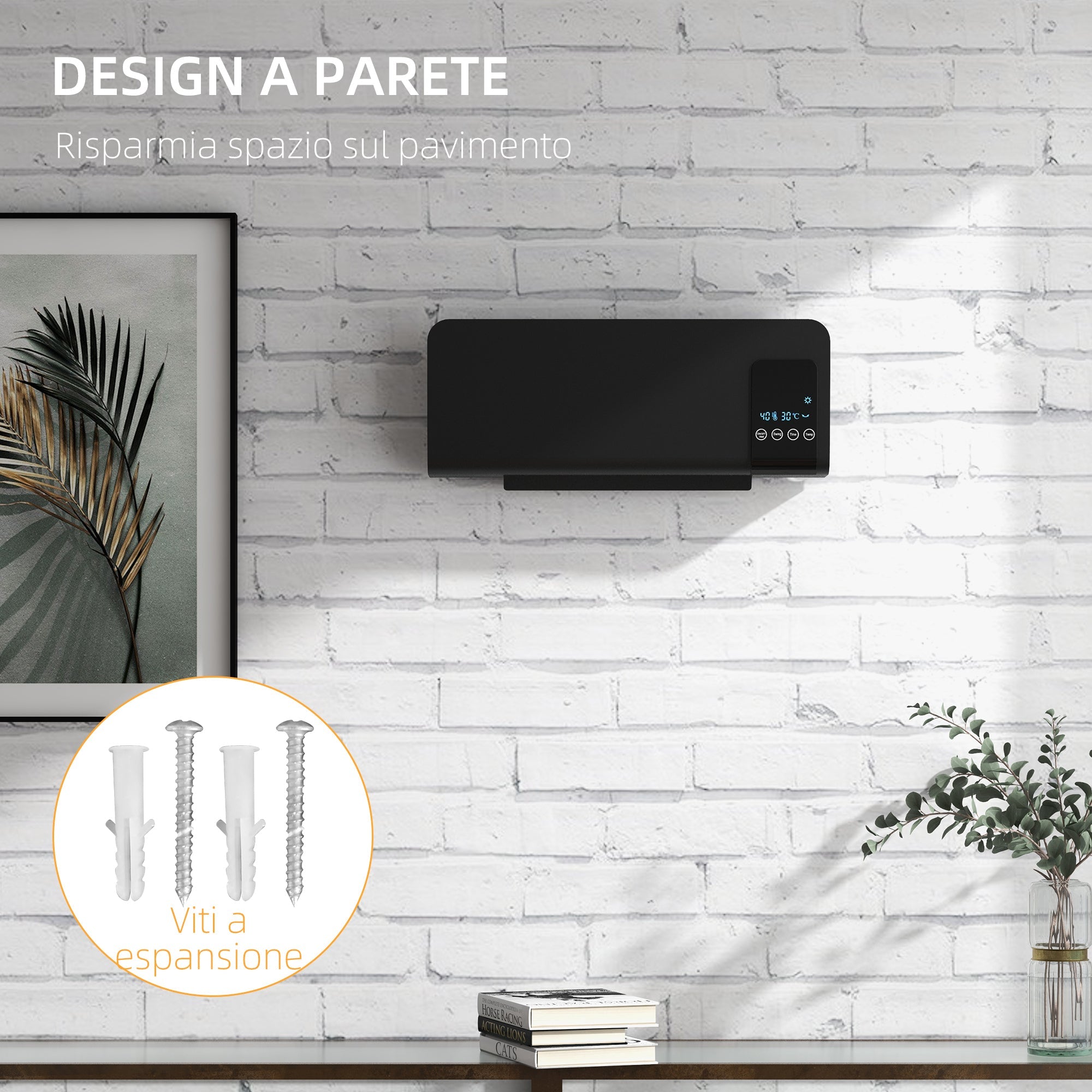 Termoventilatore da Parete Oscillante 54,5x12x21,5 cm in ABS Nero