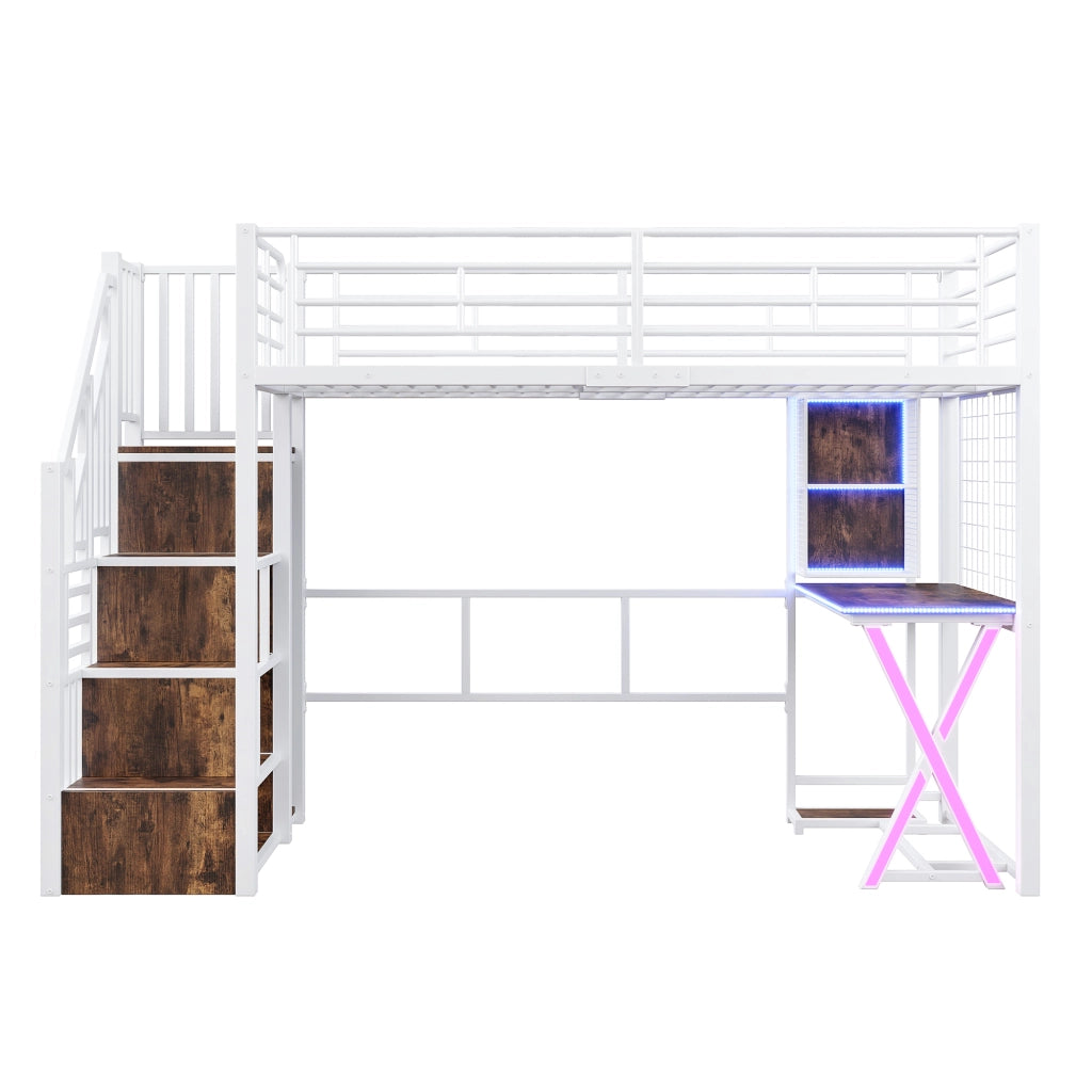 Letto a Soppalco con LED, Scrivania e Armadio ¨C MINIMAL ¨C 90x200, Bianco