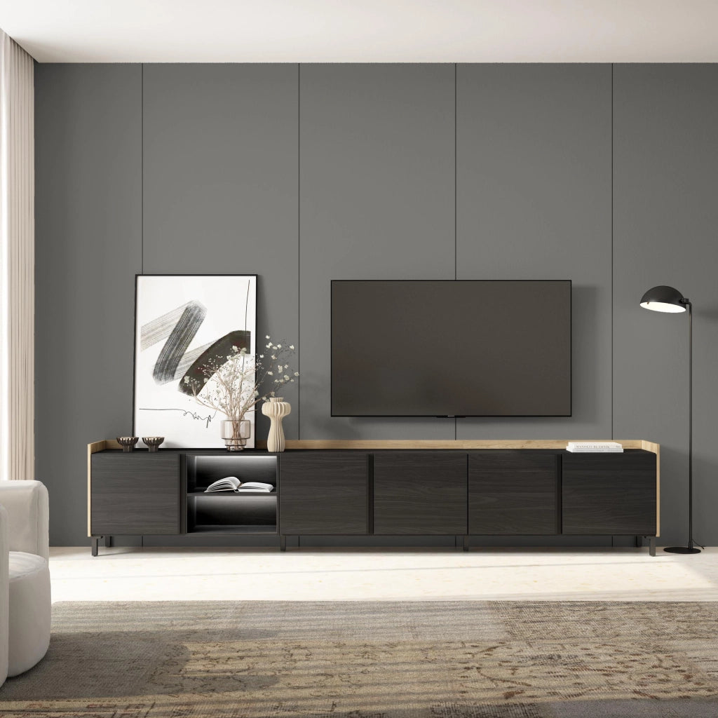 Mobile TV Soggiorno, 309x61x35 cm, Per TV fino a 80", Design industriale, LED, Nero e rovere