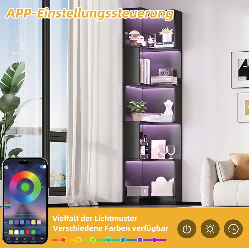 Libreria angolare a L con LED, 5 ripiani, nero