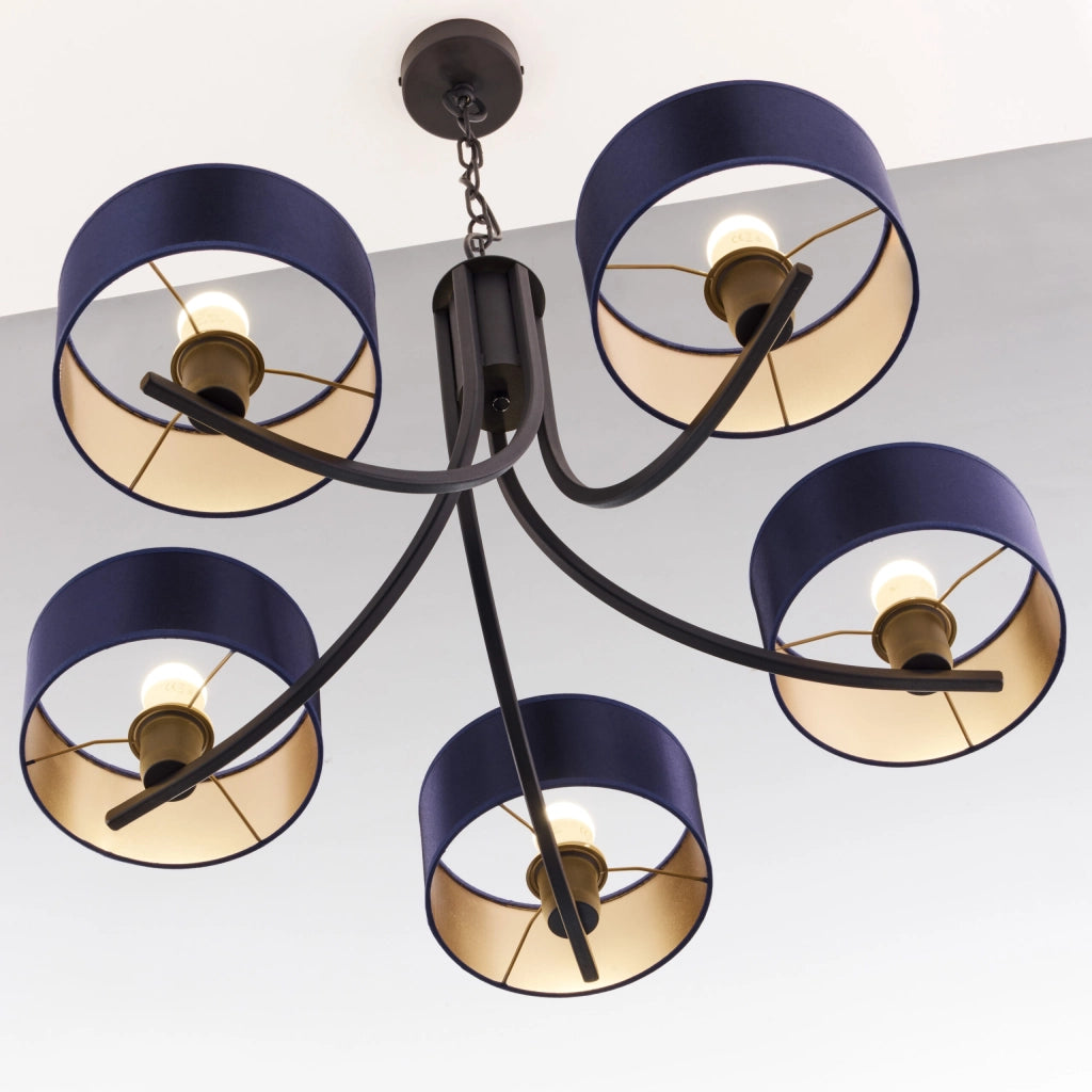 Lampadario nero a catena 5xE27 paralumi blu Jupiter