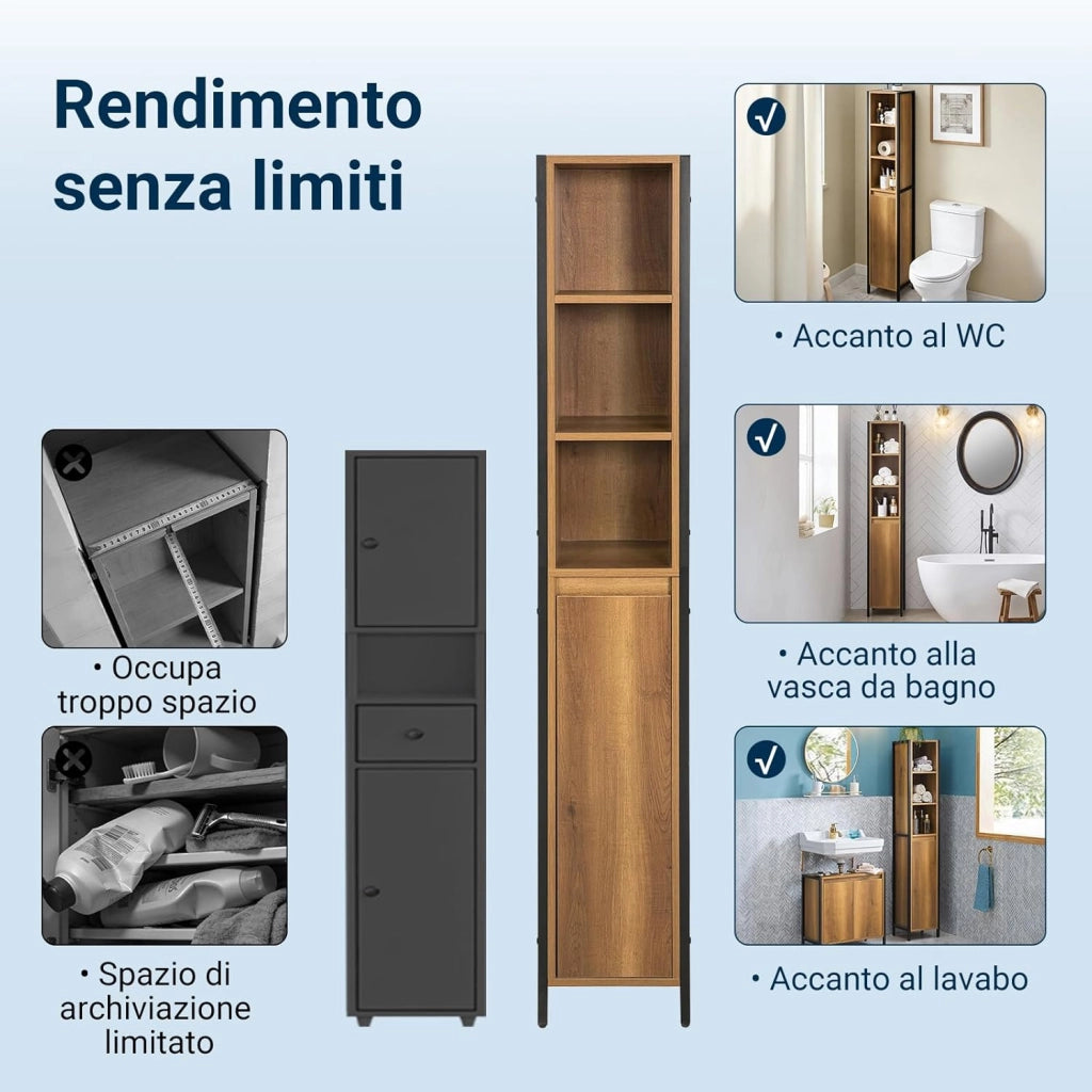 Colonna Bagno Alta e Stretta con 3 Ripiani Aperti e 1 Anta – Mobiletto Salvaspazio Vintage in Metallo e Legno 30x168x28cm BZR62-PF
