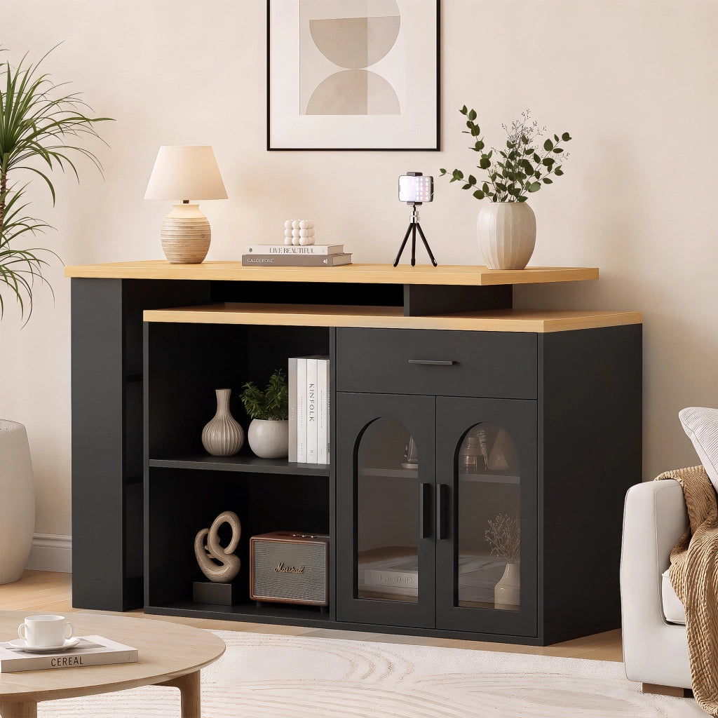 ISOLA CUCINA girevole 136x50x78 cm MDF Nero e Naturale con cassetto e ripiani