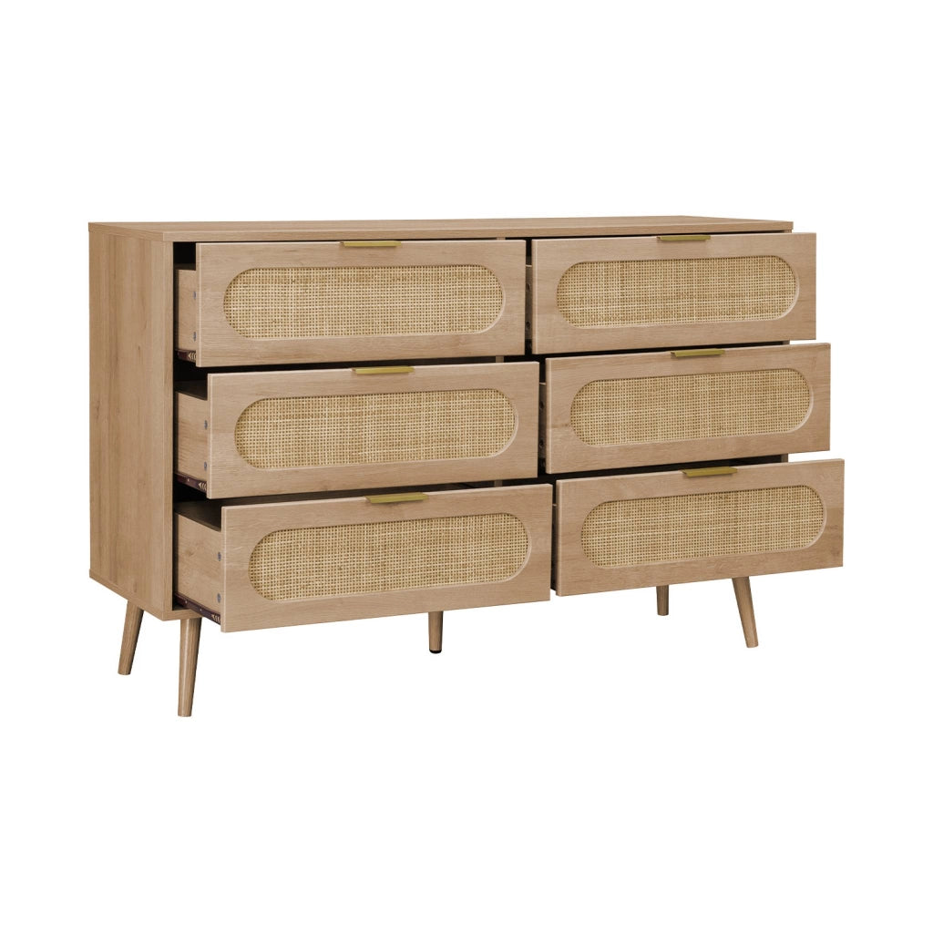 Cassettiera in legno e canna arrotondata, 6 cassetti, marrone naturale