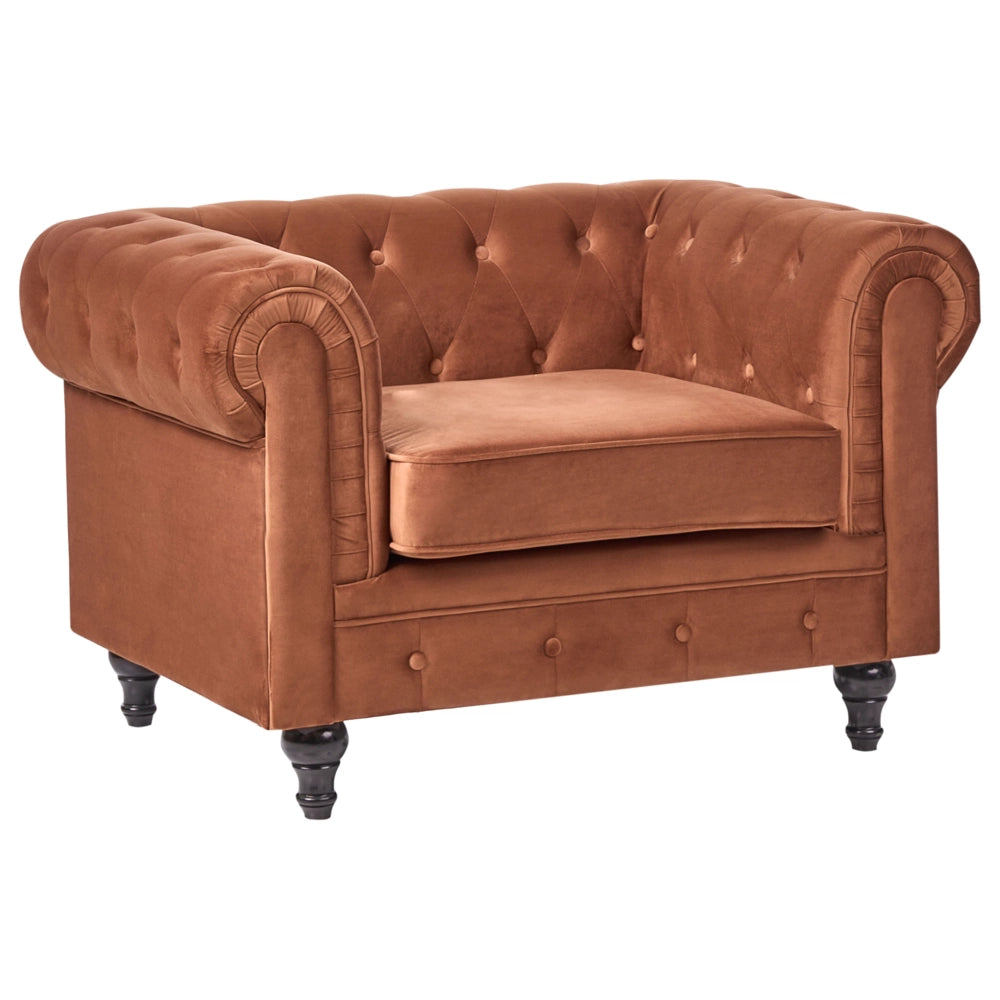 Set soggiorno Chesterfield Rivestimento in velluto marrone dorato Gambe nere Divano a 3 posti + poltrona