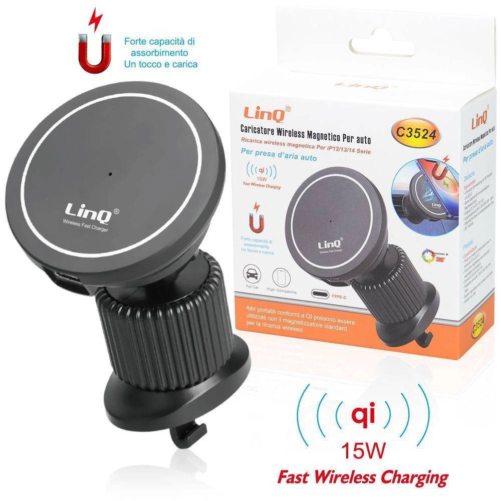 Trade Shop - Caricabatteria Wireless Magnetico Presa Aria Auto 360° Qi 15 W Smartphone C3524 -