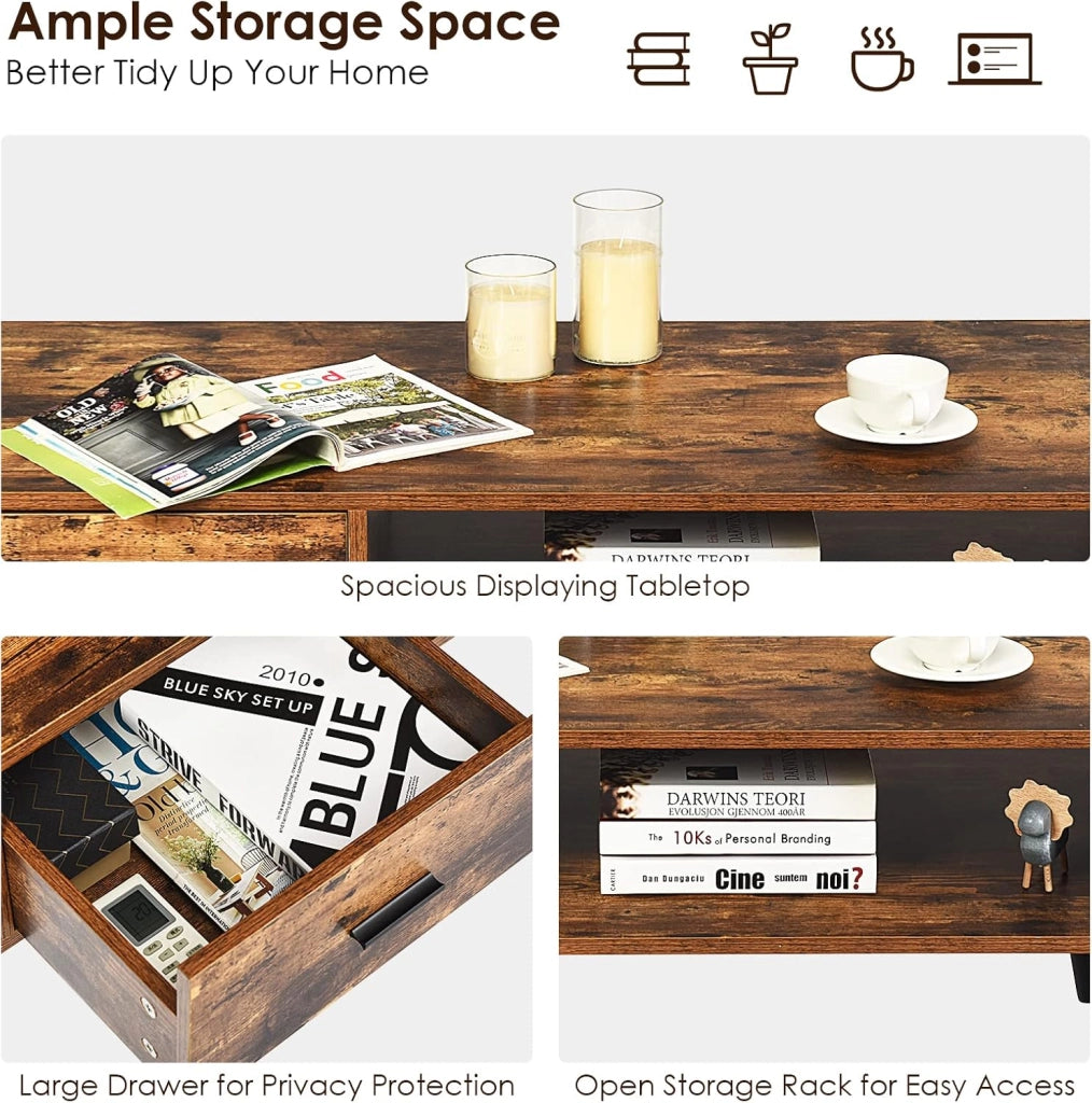 Tavolino Basso con 1 Cassetto, Tavolino Vintage di Ripiano in Legno, con Ampio Spazio di Stoccaggio, Portata di 30 kg, Mobile TV con 4 Gambe in Pino, 109 x 55 x 44,5 cm