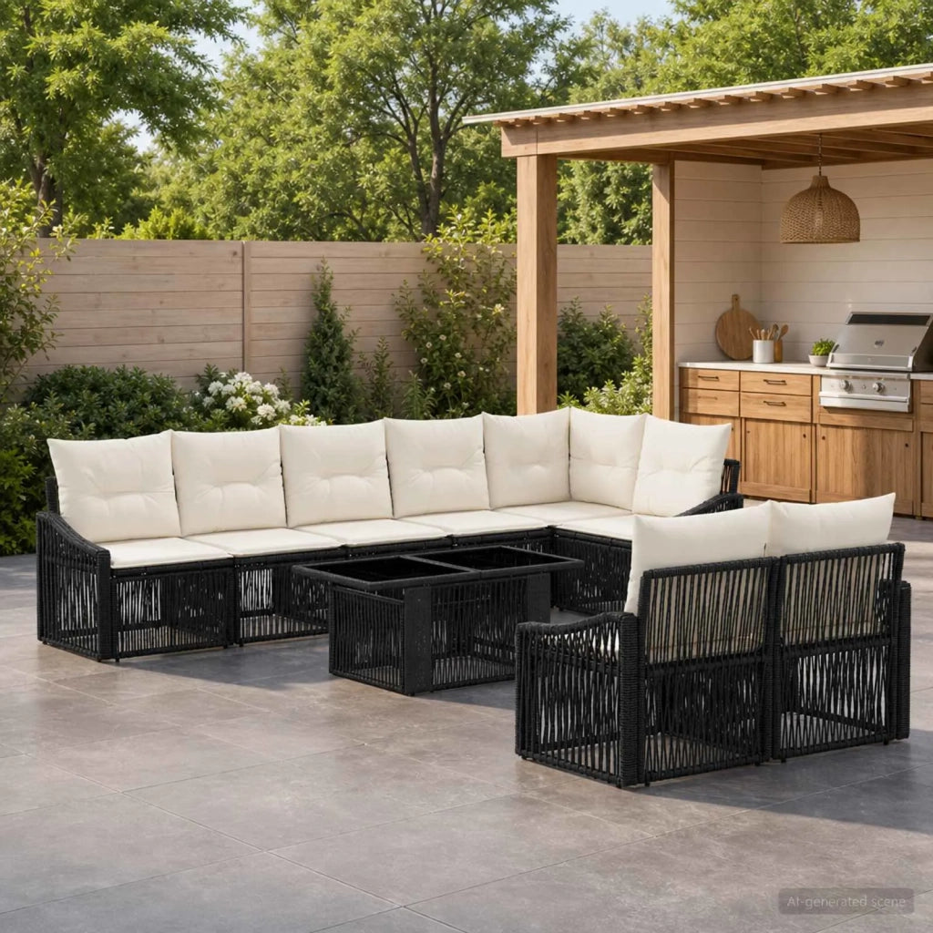 Set Divano da Giardino 9 pz Nero e Bianco Crema polyrattan 3437278