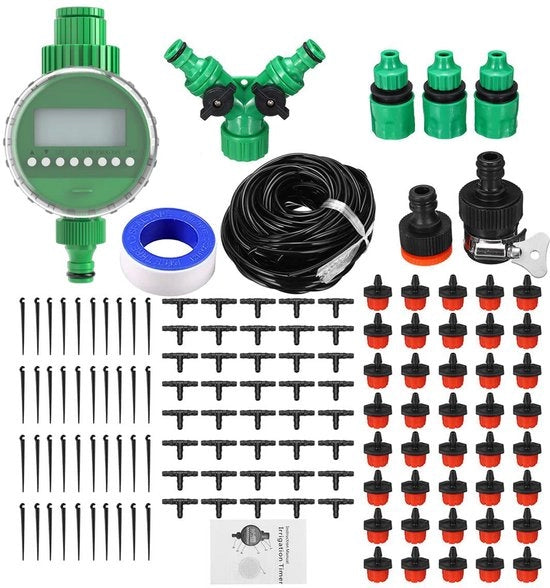Sistema di Irrigazione con Timer Automatico - Set di Irrigazione a Gocce 30m per Giardino, Terrazza e Giardino di Cura