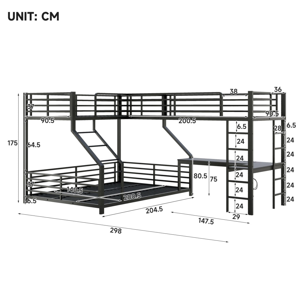 Letto a castello triplo in metallo nero con scrivania e prese USB