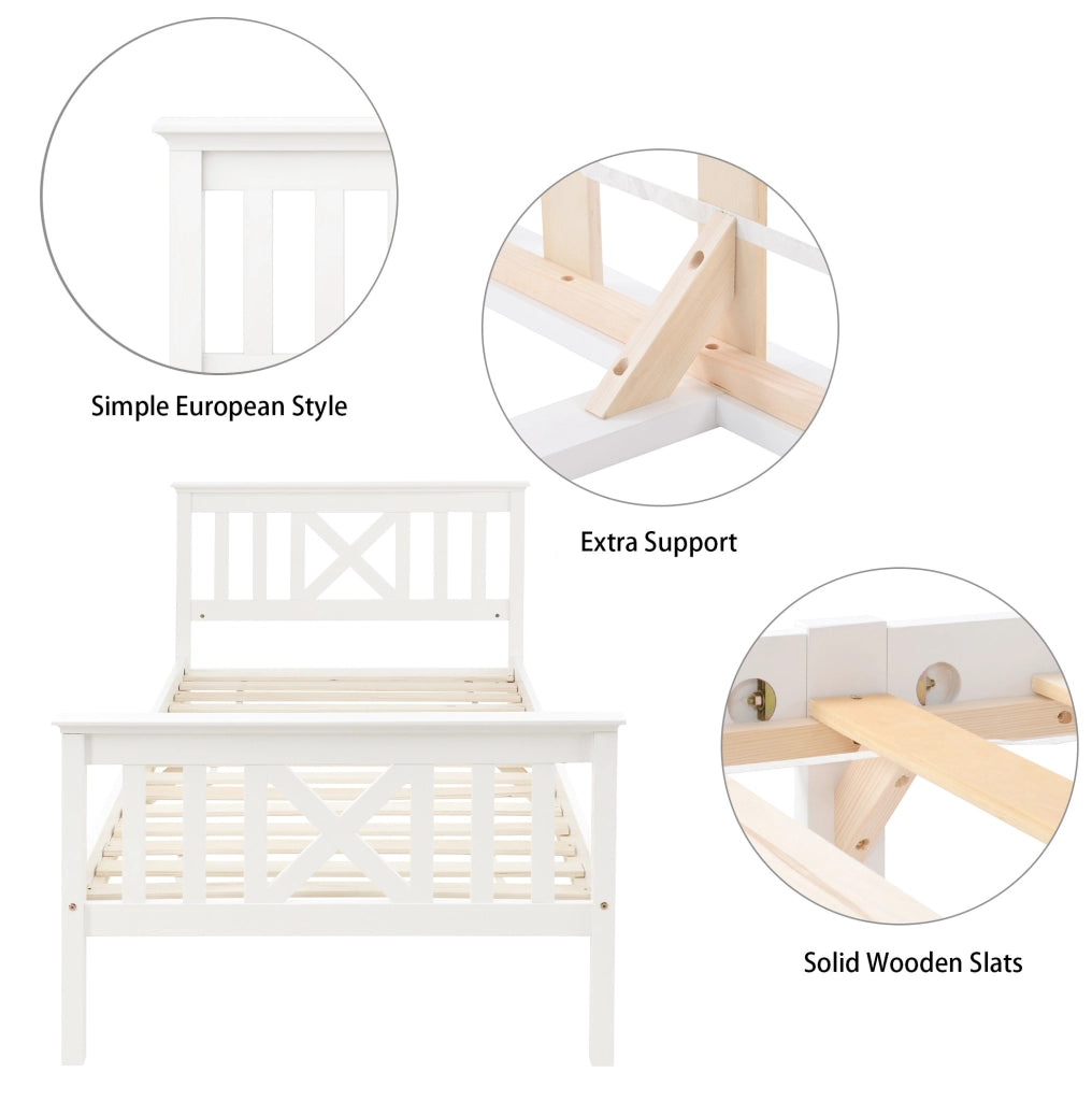 Letto singolo 90x200 cm in legno massello e MDF con testiera a X; bianco