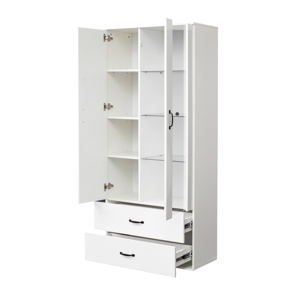 Vetrina con LED e 2 ante, 5 vani e ripiani in vetro, per soggiorno, in legno truciolare, bianca, 59,5 × 35 × 182 cm