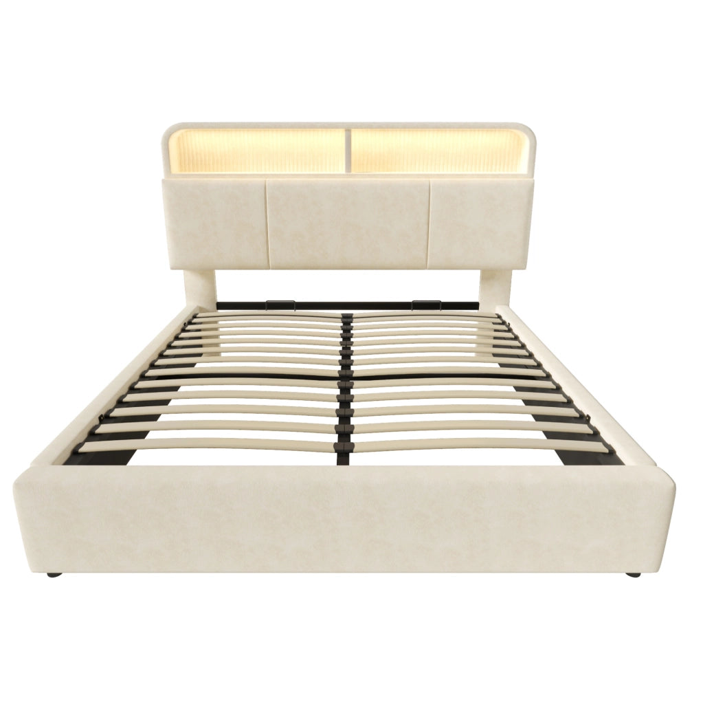 Letto 180x200 cm con contenitore; LED e stazione di ricarica in velluto beige