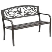 Panchina da giardino Impermeabile Acciaio e Ghisa per Esterni, Schienale con Decorazioni Motivo Naturale, 127x60cm, Marrone