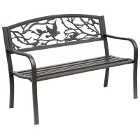 Panchina da giardino Impermeabile Acciaio e Ghisa per Esterni, Schienale con Decorazioni Motivo Naturale, 127x60cm, Marrone