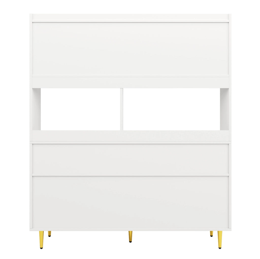 Credenza 145x39x171 cm con porte in vetro; portabottiglie e ampio spazio contenitivo in MDF bianco