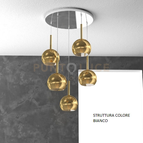 SOSP. BIANCO TONDA 5 LUCI VETRI TUTTI PICCOLO ORO 1155BI-S5 TP-OR