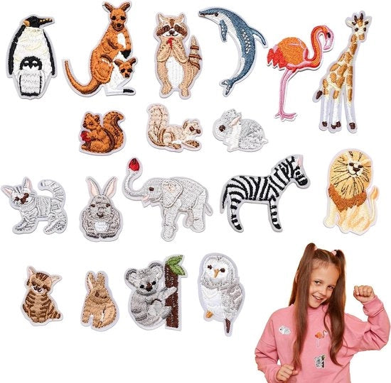 Set di 18 patch da stirare con motivi animali per bambini e riparazioni di pantaloni, jeans e camicie
