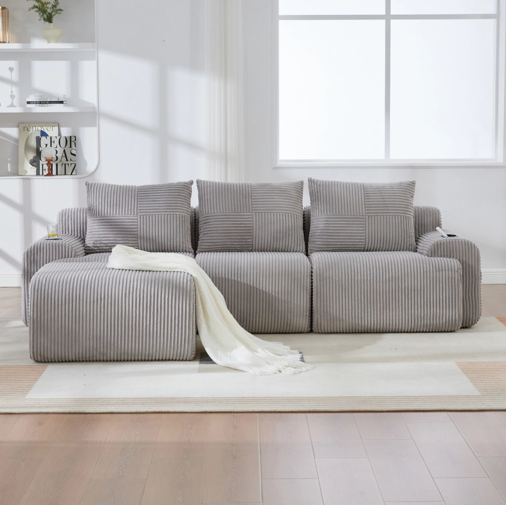 Divano modulare 3 posti in corduroy grigio chiaro; con portabicchiere e tasca laterale; 268 cm