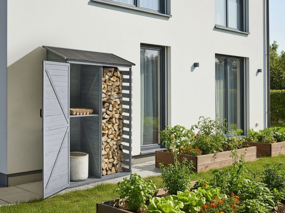 Capanno da giardino per esterni in legno di abete con tetto in asfalto ripiani e porte con chiusura a scatto grigio