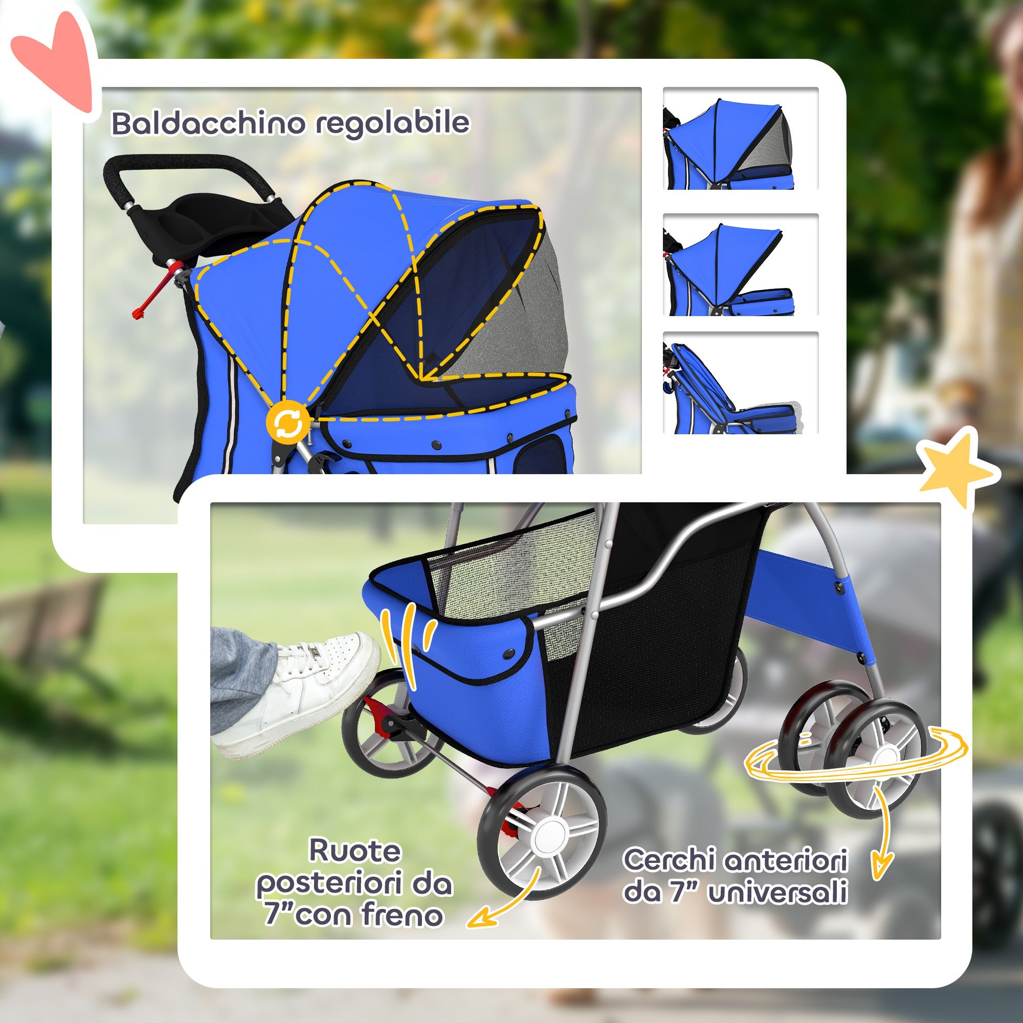 Passeggino per Cani Pieghevole con Copertura Antipioggia Ruote Girevoli e Cuscino Lavabile Blu