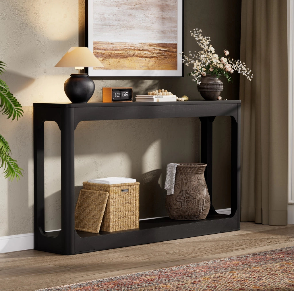 Tavolo consolle 140x30x79 cm nero, 2 ripiani, MDF, design compatto