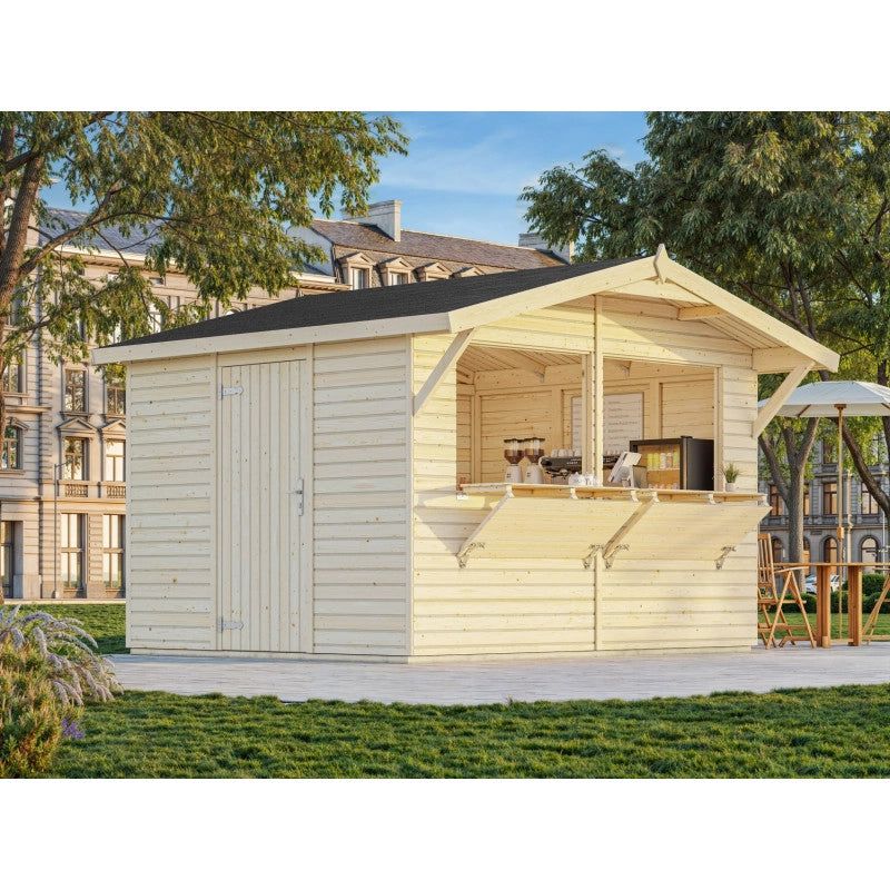 Chiosco in legno da giardino 323x259 cm abete 16 mm con 2 sportelli vendita a ribalta, struttura prefabbricata per mercatini - Esterni da Vivere