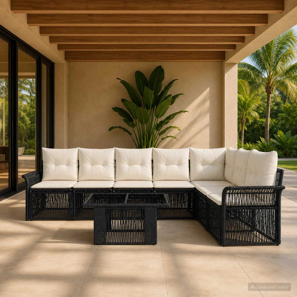Set Divano da Giardino 8 pz Nero e Bianco Crema polyrattan 3436642