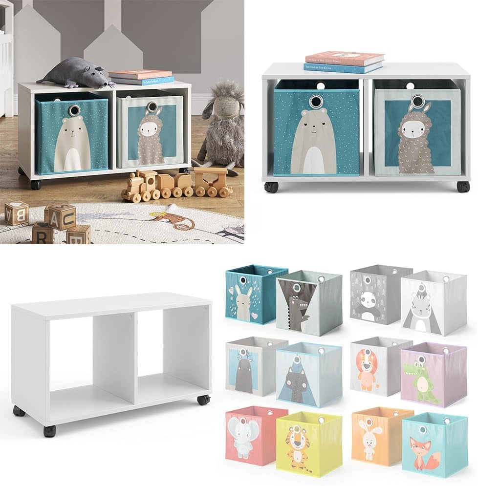 Libreria bambini, Bianco, 72 x 42.4 cm con 2 scatole pieghevoli, su ruote con due ripiani aperti