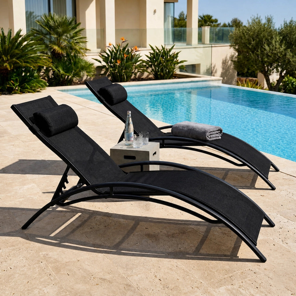 Set 2 Lettini Prendisole Reclinabili Per Giardino Con Schienale Regolabile 5 Posizioni Tessuto Traspirante Per Piscina Terrazza Outdoor 59 x 158 x 81.5 Cm Nero