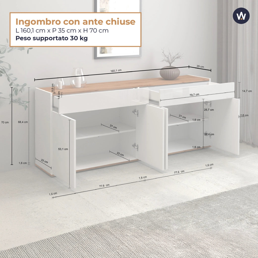 WHOUS Credenza Garda 4 ante e 2 cassetti bianco lucido e rovere 160,1x35x70 cm