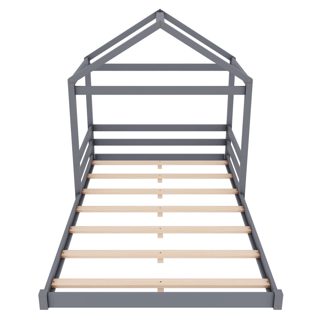Letto a casetta per bambini 140x200 cm in pino e MDF con rete a doghe, grigio