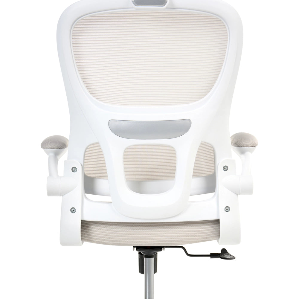 Sedia da ufficio beige con rivestimento in rete base in ferro girevole altezza regolabile poggiatesta e braccioli schienale reclinabile