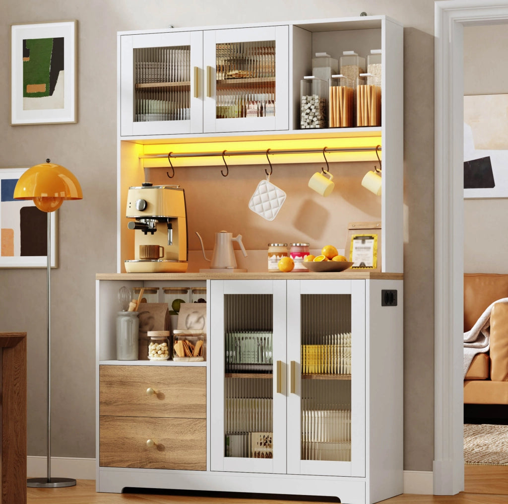 Credenza cucina 110x40x178 cm con LED e prese; vetri temperati; MDF naturale e bianco