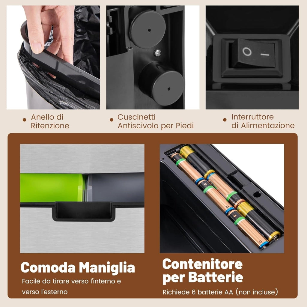 72L Pattumiera Differenziata, Bidone della Spazzatura in Acciaio Inox con 3 Scomparti e Sensore di Movimento, Coperchio a Chiusura Morbida, Ideale per Casa Ufficio (Argento)